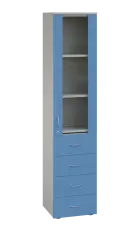 LE - 44 skříň léková prosklená, pravá, korpus šedý, dvířka pastelově modrá